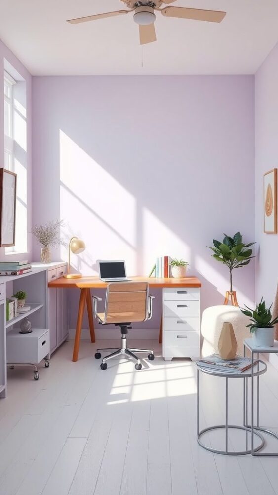 A bright home office with light lavender walls, wooden desk, and plants.