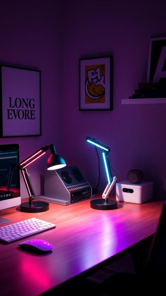 A stylish home office desk with two vibrant neon lamps, a computer, and decorative elements