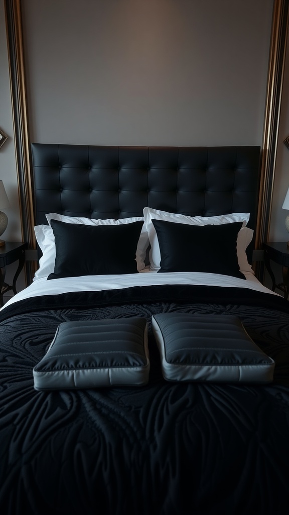 Luxurious black bedding set with a tufted black headboard, white pillows, and decorative cushions.