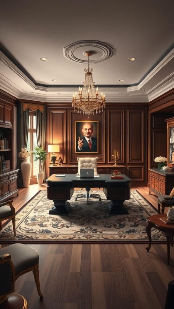 A luxurious executive home office featuring wooden paneling, a large desk, elegant decor, and a chandelier.