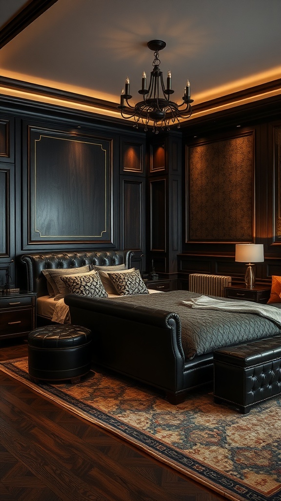 Luxurious masculine bedroom with dark wood paneling, leather bed, and elegant lighting