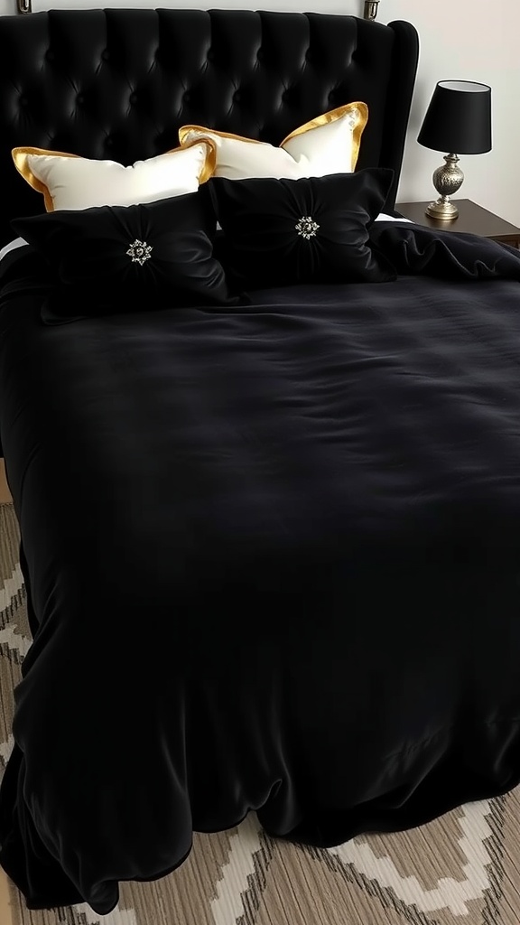 Luxurious black velvet bed with golden-accented pillows and a stylish bedside lamp.