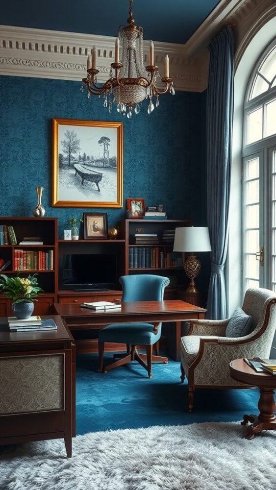 A luxurious home office with blue wallpaper, featuring velvet accents and elegant decor.