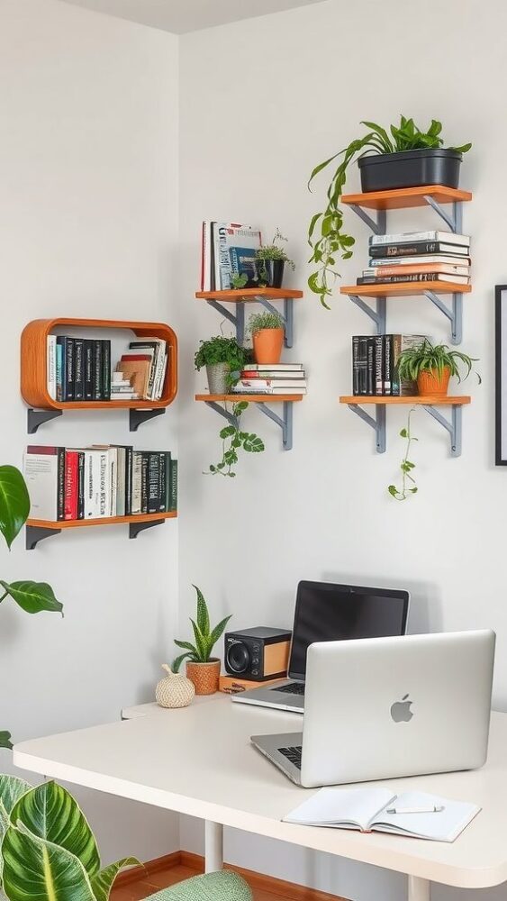 Small home office with shelves, books, and plants.