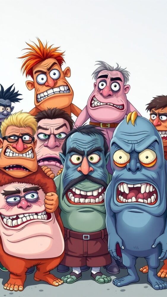 A group of ugly cartoon characters with exaggerated features and silly expressions.