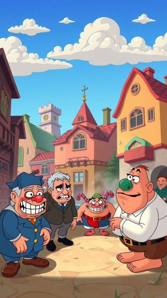 An animated scene with several ugly cartoon characters interacting in a colorful village setting.