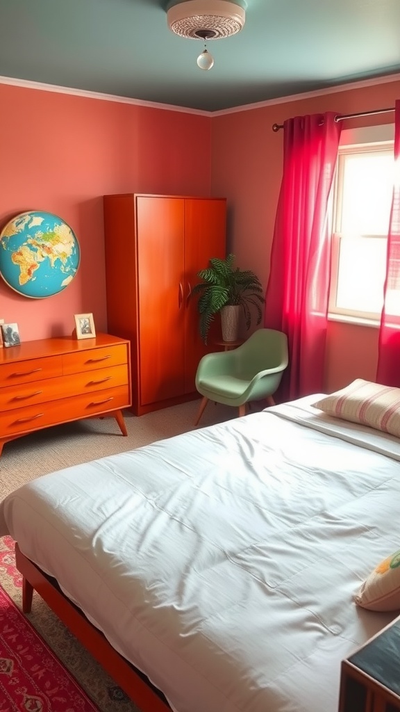 A vibrant mid-century modern bedroom with peach walls, orange furniture, and playful decor.