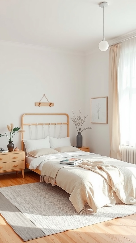 A minimalist Scandinavian bedroom featuring a wooden bed, soft bedding, and natural light.