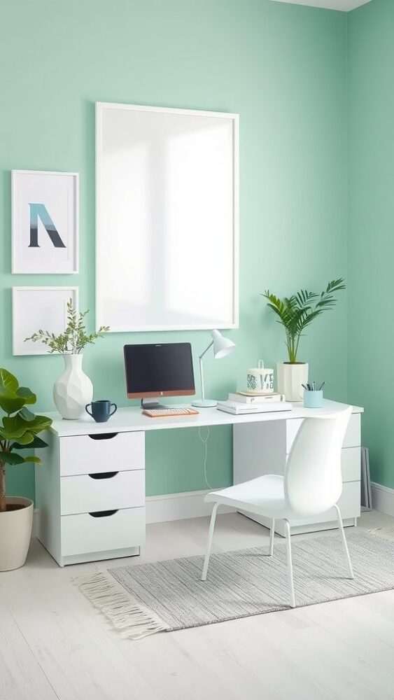 A home office featuring mint green walls, a white desk, a computer, and plants.