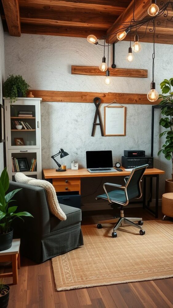 A cozy rustic home office with wooden beams, a desk, a green office chair, and a warm rug.