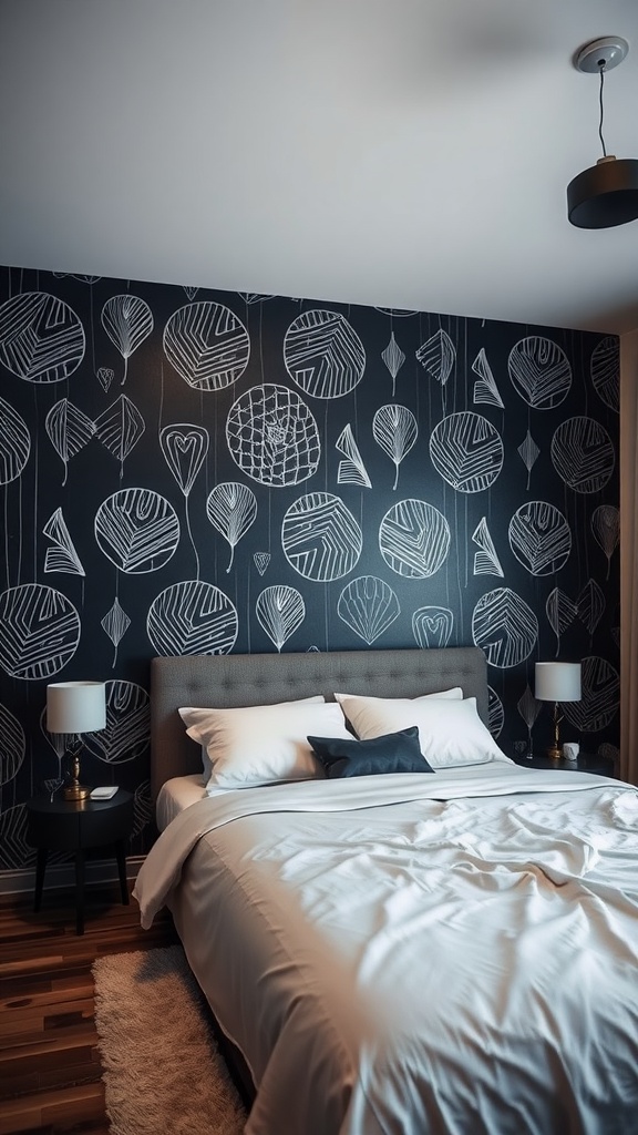 Bedroom featuring modern black wallpaper with white designs, cozy bed, and soft lighting