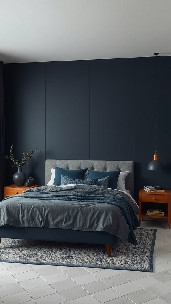 A modern masculine bedroom featuring dark navy walls, layered bedding, and warm wooden furniture.