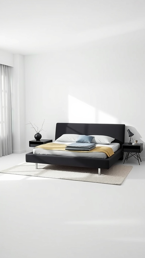 Modern bedroom featuring a black bed with minimalistic decor and bright surroundings