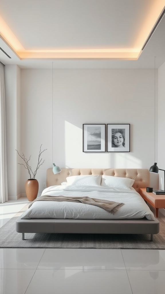 A modern minimalist bedroom featuring a neatly made bed, soft lighting, and simple decor.