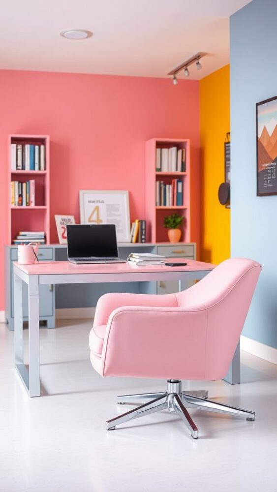 A modern pink accent chair in a stylish office setting