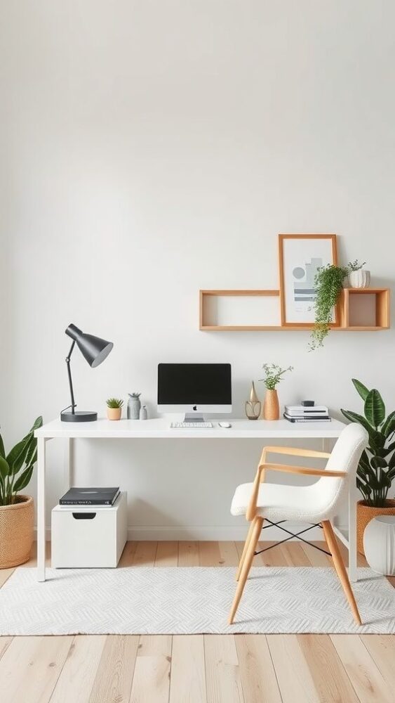 A modern Scandinavian home office featuring a white desk, a black lamp, a computer, and potted plants.