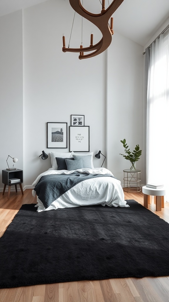 A cozy bedroom with a black rug, white bedding, and modern decor.