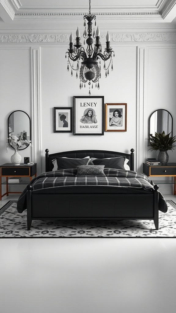 A stylish monochrome bedroom featuring a black bed, elegant chandelier, framed art, and modern decor.