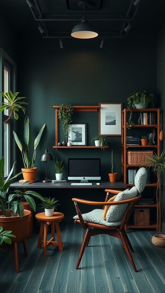 A cozy home office with dark green walls, wooden furniture, and plants, creating a moody forest vibe.