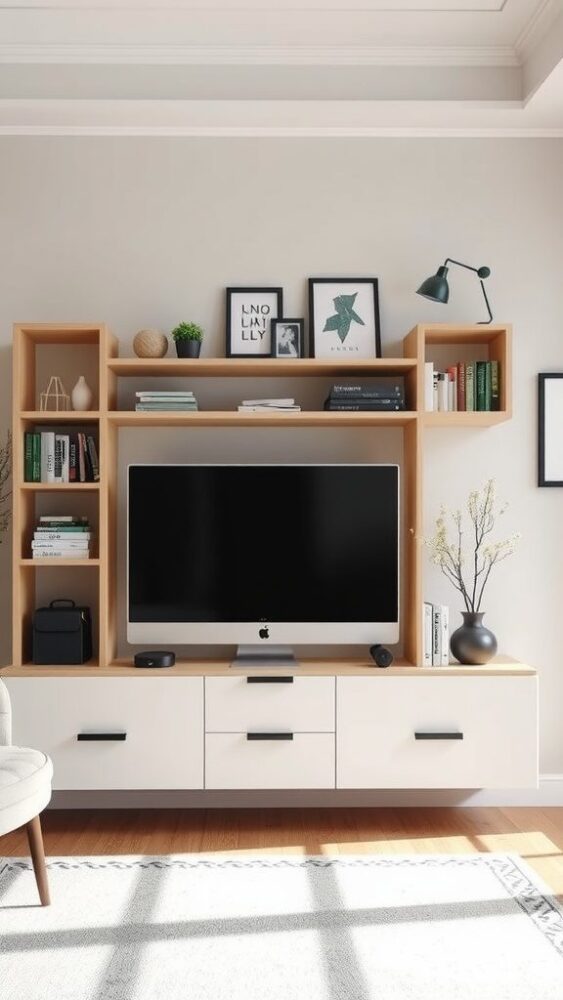 A modern multifunctional wall unit with a TV, books, and decorative items.