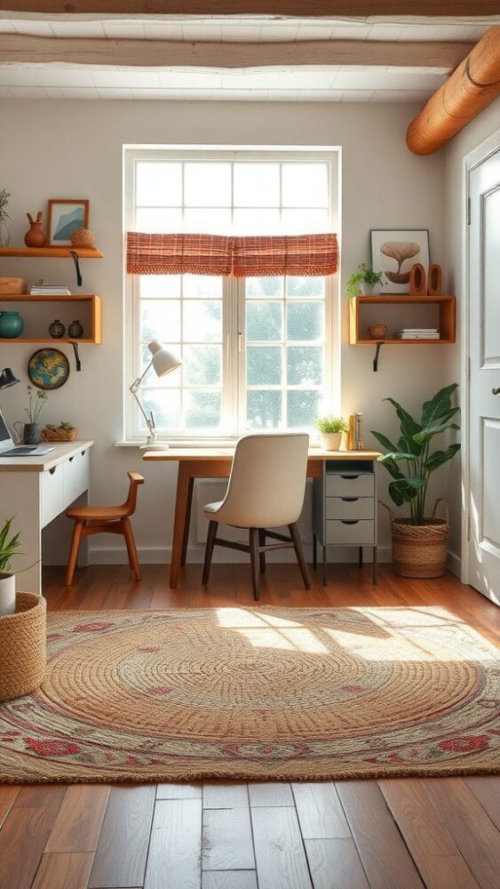 A cozy rustic home office featuring a natural fiber rug under a wooden desk, with a bright window and plants.