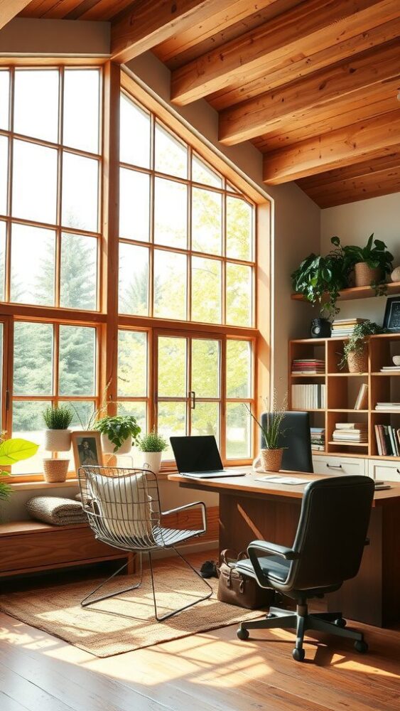 A rustic home office featuring large wooden windows, natural light, and plants, creating a warm and inviting atmosphere.