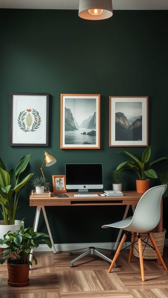 A dark green home office featuring a wooden desk, computer, and various indoor plants