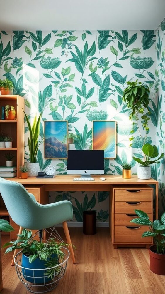 A cozy home office with blue wallpaper featuring leafy patterns, a wooden desk, a green chair, and various plants.