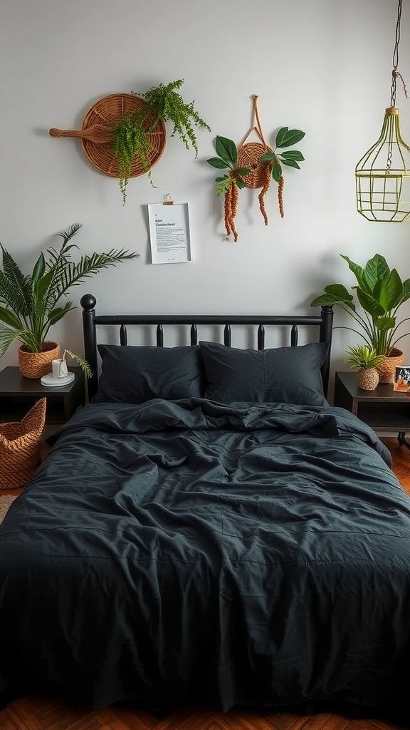 A bedroom featuring a black bed with greenery and natural decor elements.