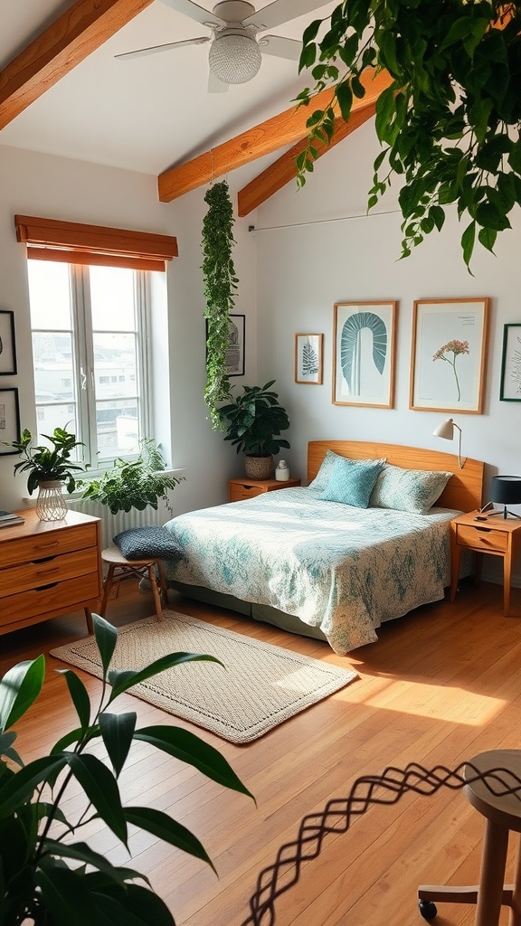 A well-decorated bedroom featuring wooden beams, plants, and nature-inspired decor.