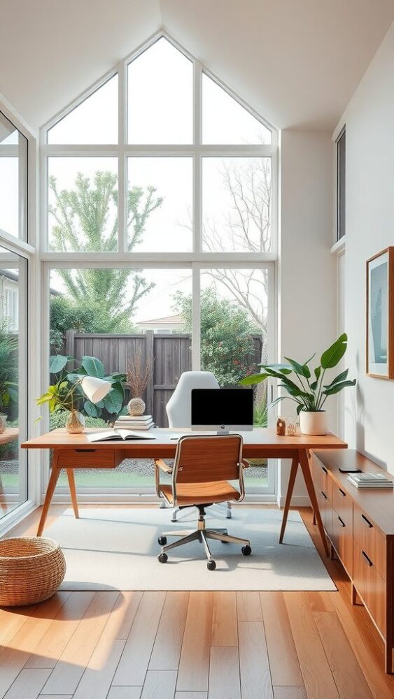 A bright home office featuring large windows, a wooden desk, and indoor plants.