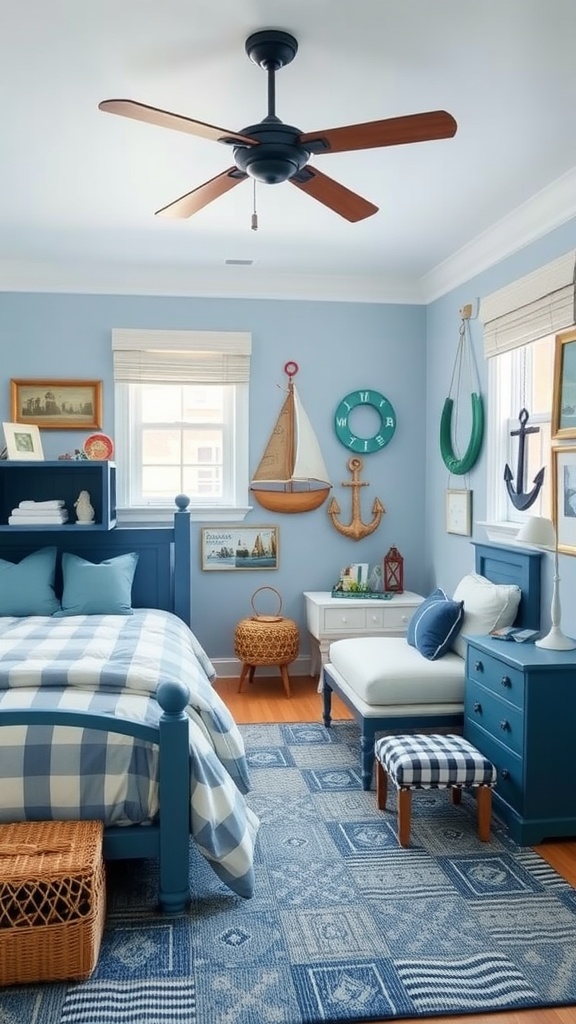 A cozy nautical-themed bedroom with blue accents, featuring a bed with checked bedding, nautical decor, and a ceiling fan.