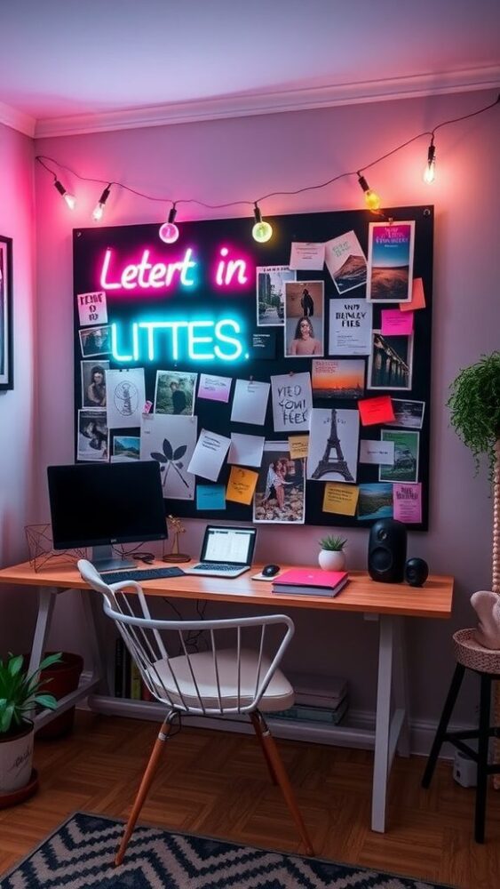 A vibrant neon-themed home office with a colorful inspiration board.