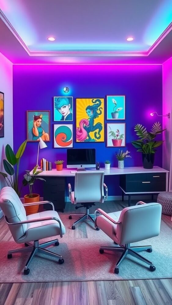 A vibrant home office with neon accent walls, featuring colorful artwork, modern furniture, and plants.