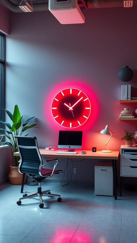 A modern home office with a pink neon clock on the wall, a stylish desk, and plants.