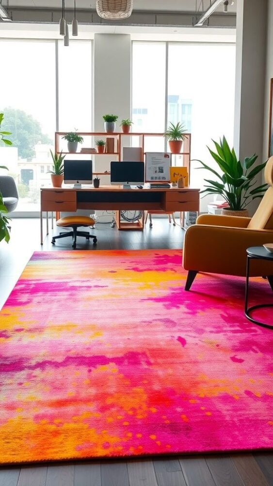 A bright neon rug in a modern home office setting, with vibrant pink and orange colors.