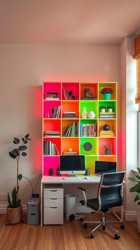 A stylish home office with neon shelving units in bright colors, organized with books and plants.