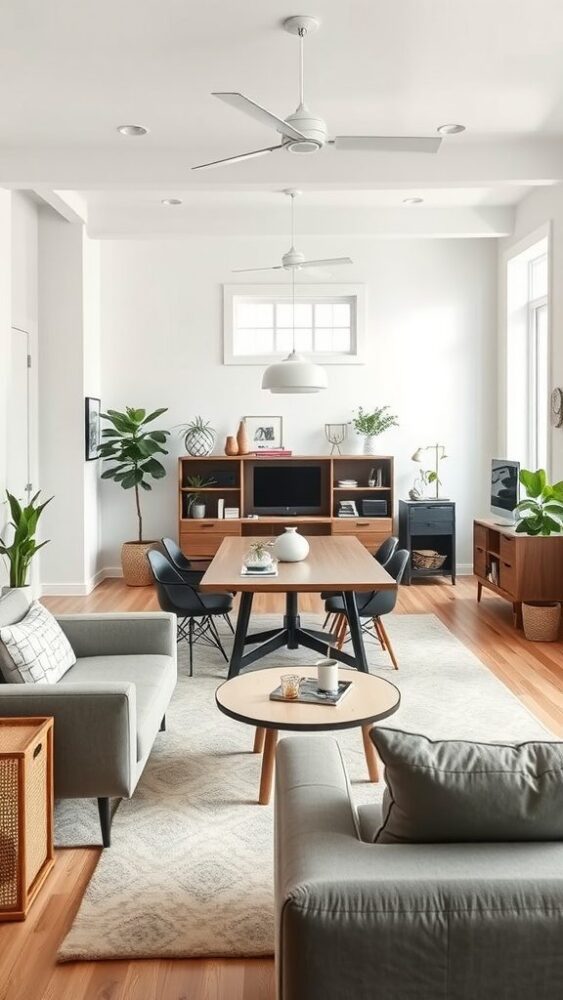 An open concept collaborative area featuring a central table, chairs, and cozy seating with plants in a bright, modern design.