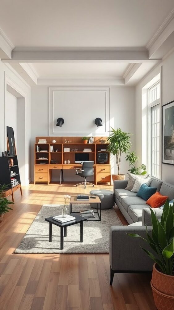 A modern open concept room with a home office and cozy TV area featuring a desk, sofa, and plants.