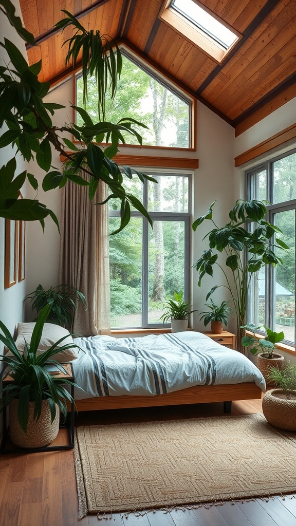 A nature-inspired bedroom with large windows and plants, featuring wooden beams and cozy bedding.