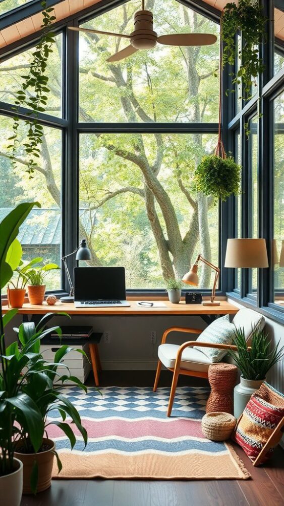 A bright and airy home office with large windows overlooking trees, featuring a wooden desk, chair, and various indoor plants.