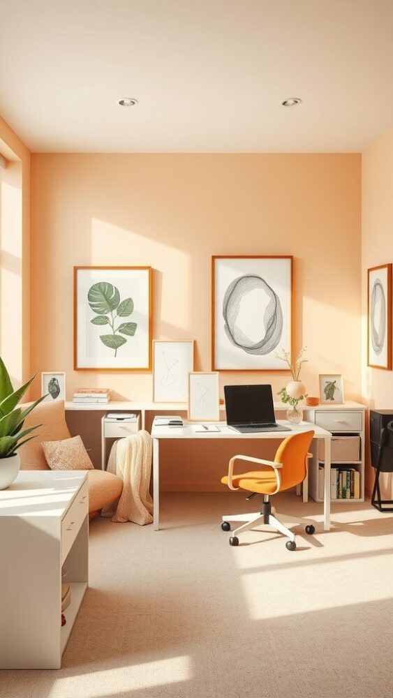 A bright home office with pale peach walls, white furniture, and plants.