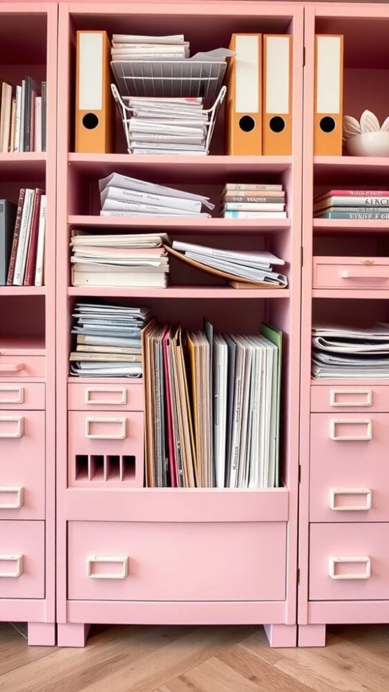 Stylish pastel pink file storage unit with organized folders and papers.