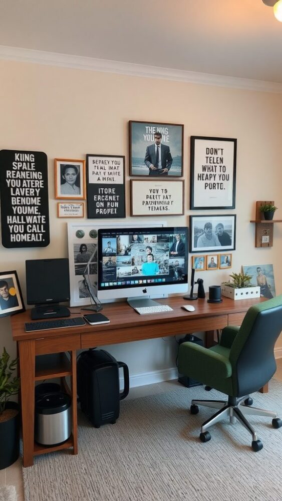 A cozy home office with personalized decor, featuring a wooden desk, green chair, and inspirational wall art.