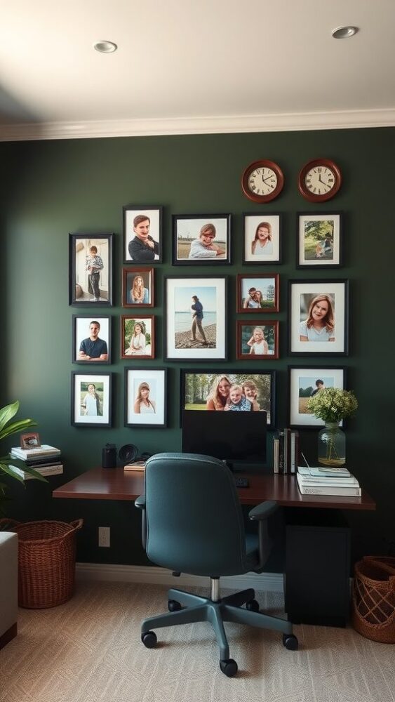 A cozy home office featuring a dark green gallery wall with framed family photos and two wall clocks, accompanied by a desk and chair.