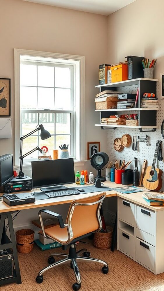 A cozy and organized home office corner with a desk, computer, colorful supplies, and a guitar.