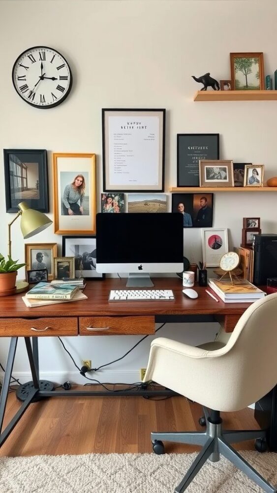 A rustic home office featuring a wooden desk, framed photos, clock, and decorative shelves.