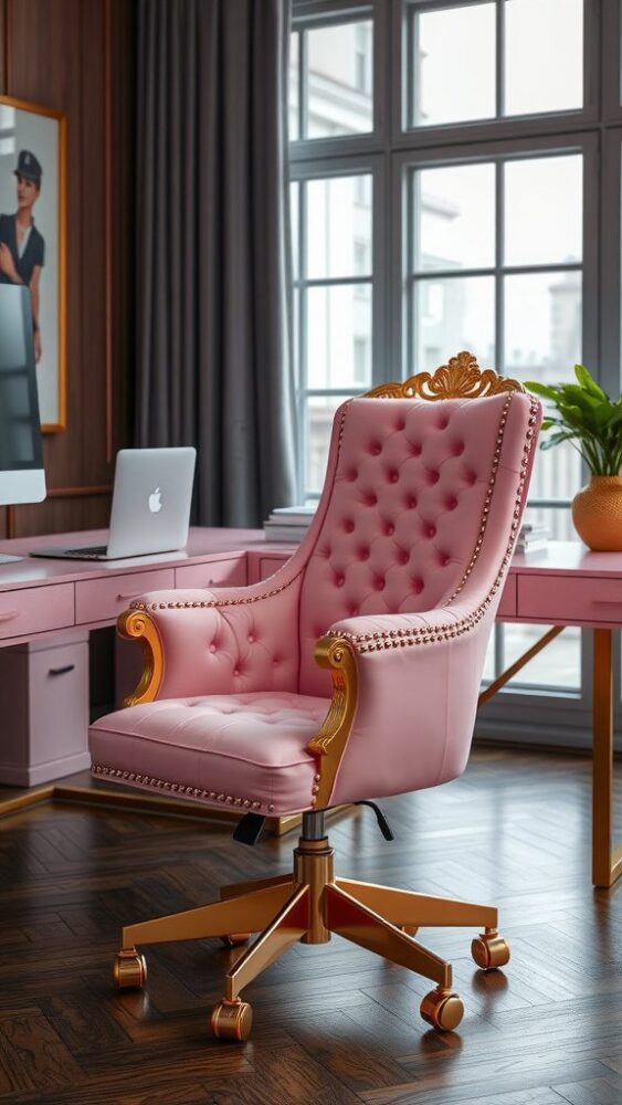 A pink glam desk chair with gold accents in a stylish office setting.