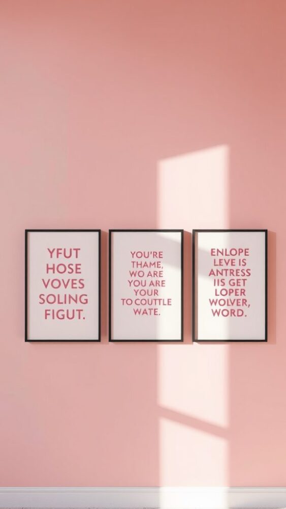 Three inspirational quote prints framed and hung on a pink wall