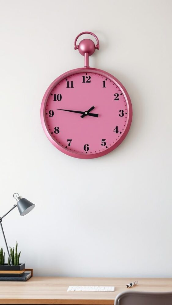 A stylish pink metallic wall clock hanging on a white wall above a wooden desk with a lamp and plants.